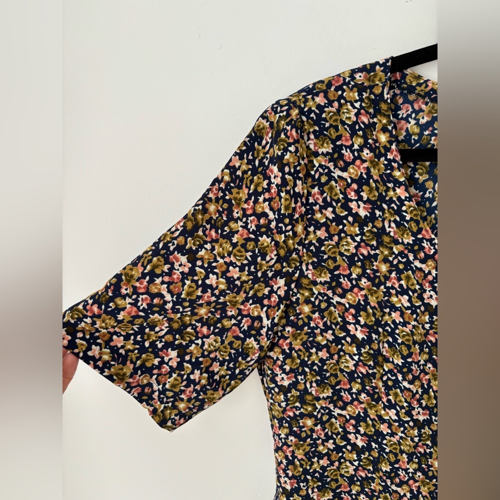 Vintage Floral Button Front Midi Dress Navy Pink Pleated Skirt Size 9/10 - Picture 5 of 10